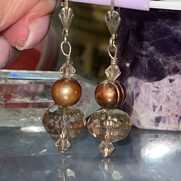 Jewelry - Artisan Organic Sterling Silver Baroque Pearl Vintage Swarovski Crystal Earrings